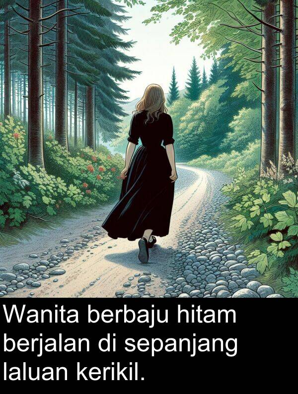 kerikil: Wanita berbaju hitam berjalan di sepanjang laluan kerikil.