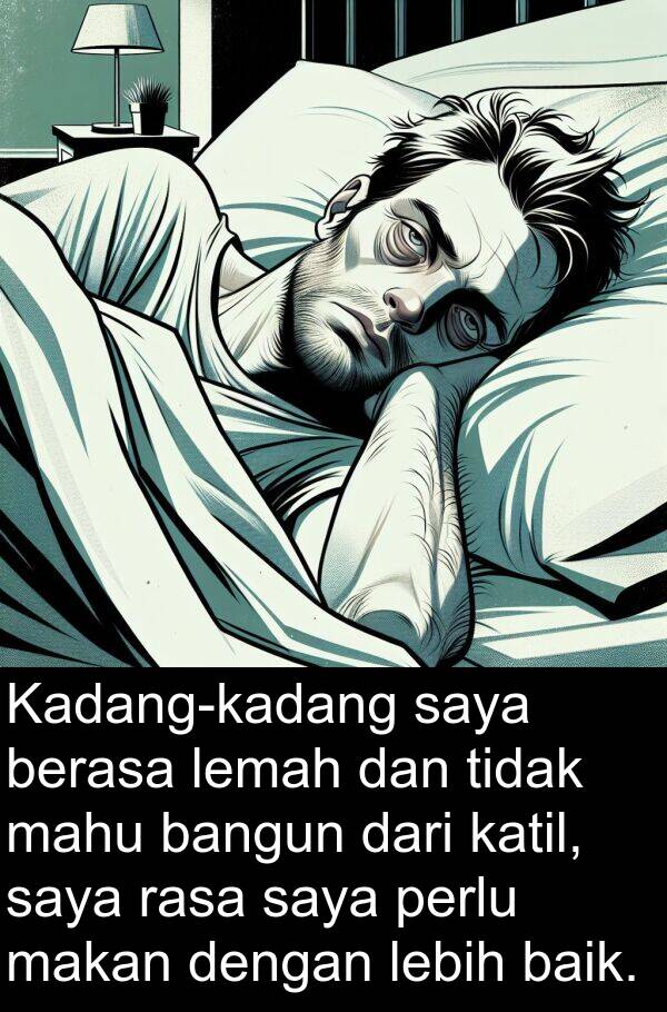 rasa: Kadang-kadang saya berasa lemah dan tidak mahu bangun dari katil, saya rasa saya perlu makan dengan lebih baik.