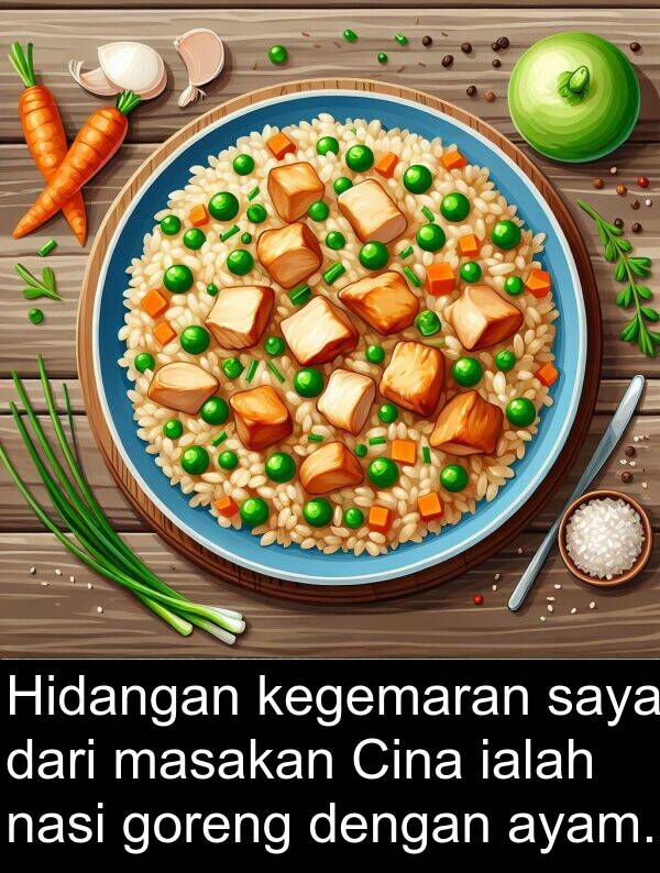 goreng: Hidangan kegemaran saya dari masakan Cina ialah nasi goreng dengan ayam.
