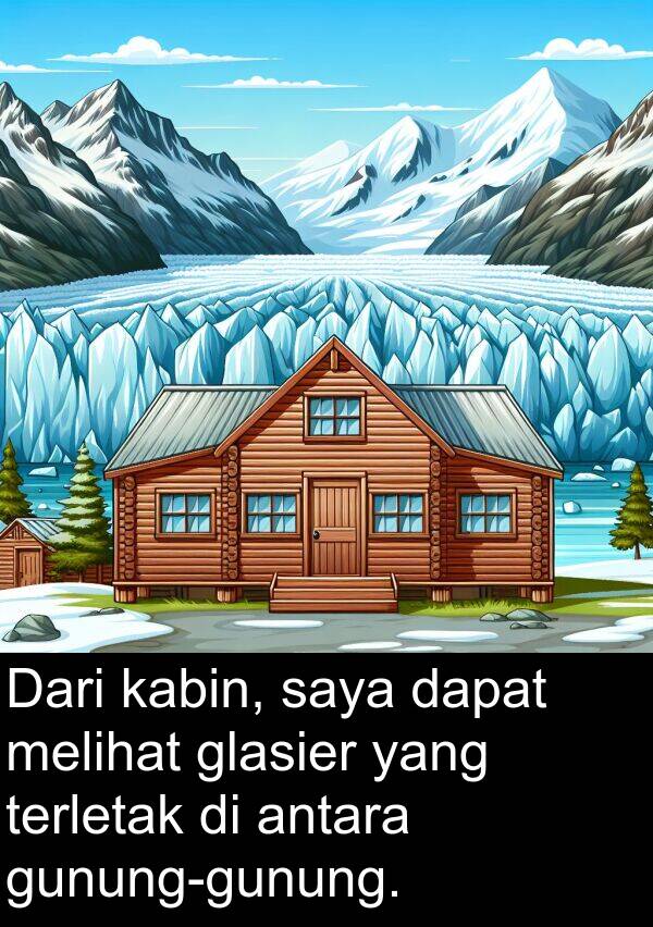 glasier: Dari kabin, saya dapat melihat glasier yang terletak di antara gunung-gunung.