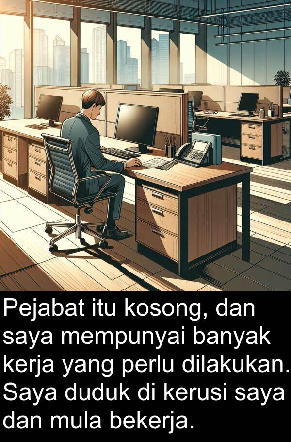 kosong: Pejabat itu kosong, dan saya mempunyai banyak kerja yang perlu dilakukan. Saya duduk di kerusi saya dan mula bekerja.