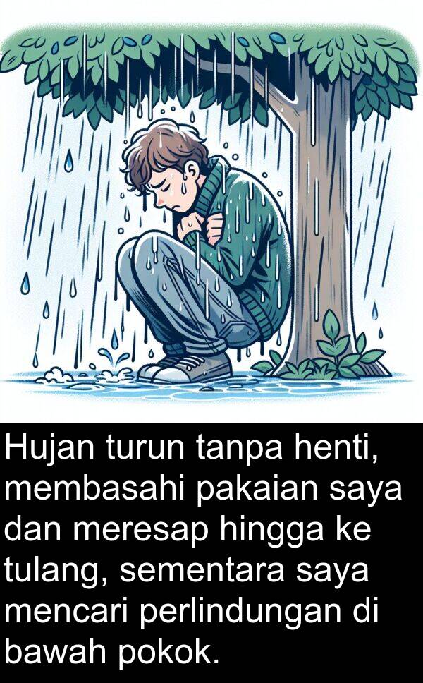 meresap: Hujan turun tanpa henti, membasahi pakaian saya dan meresap hingga ke tulang, sementara saya mencari perlindungan di bawah pokok.