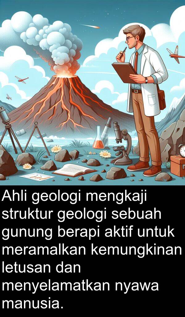 menyelamatkan: Ahli geologi mengkaji struktur geologi sebuah gunung berapi aktif untuk meramalkan kemungkinan letusan dan menyelamatkan nyawa manusia.