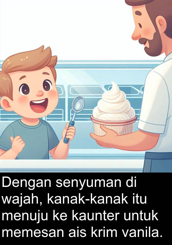 memesan: Dengan senyuman di wajah, kanak-kanak itu menuju ke kaunter untuk memesan ais krim vanila.