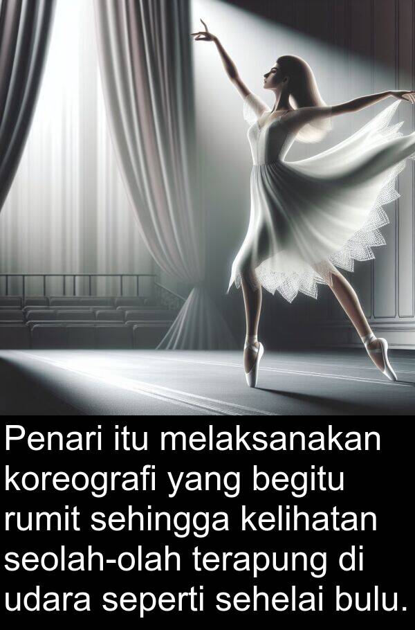 koreografi: Penari itu melaksanakan koreografi yang begitu rumit sehingga kelihatan seolah-olah terapung di udara seperti sehelai bulu.