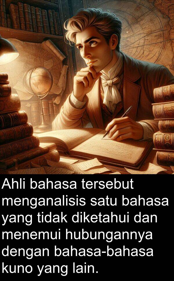 menganalisis: Ahli bahasa tersebut menganalisis satu bahasa yang tidak diketahui dan menemui hubungannya dengan bahasa-bahasa kuno yang lain.