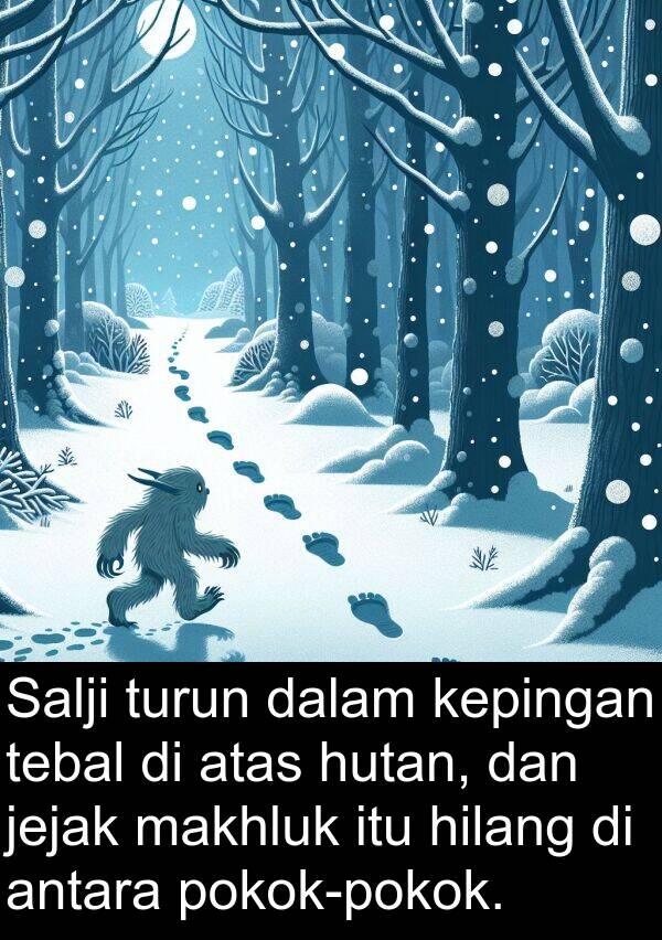 turun: Salji turun dalam kepingan tebal di atas hutan, dan jejak makhluk itu hilang di antara pokok-pokok.