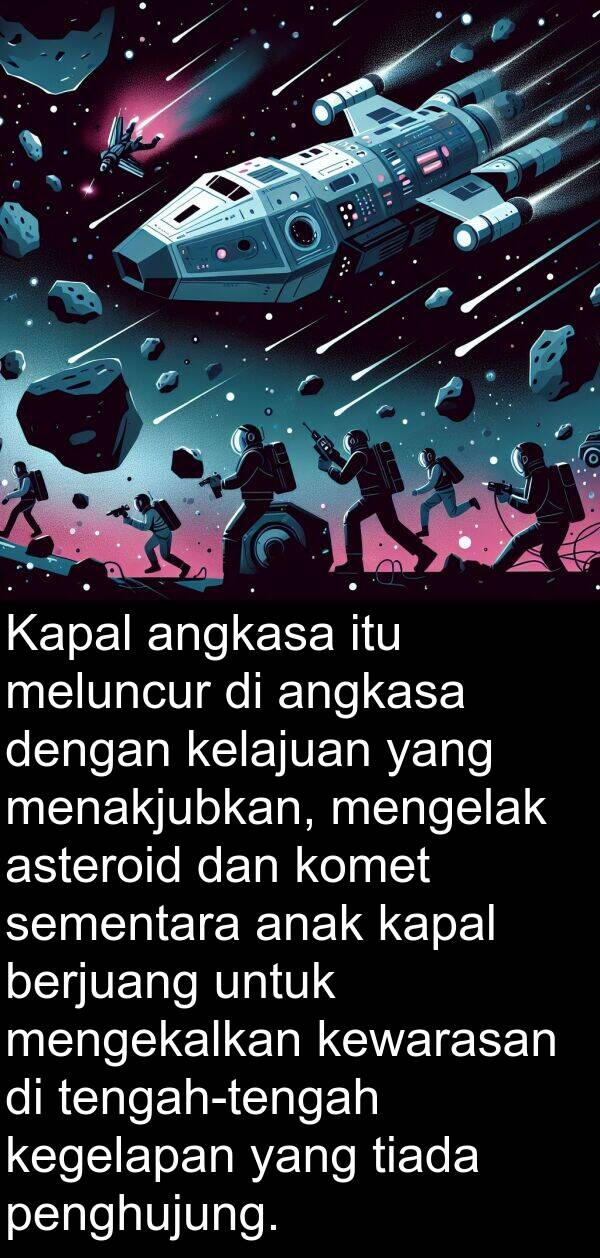 anak: Kapal angkasa itu meluncur di angkasa dengan kelajuan yang menakjubkan, mengelak asteroid dan komet sementara anak kapal berjuang untuk mengekalkan kewarasan di tengah-tengah kegelapan yang tiada penghujung.