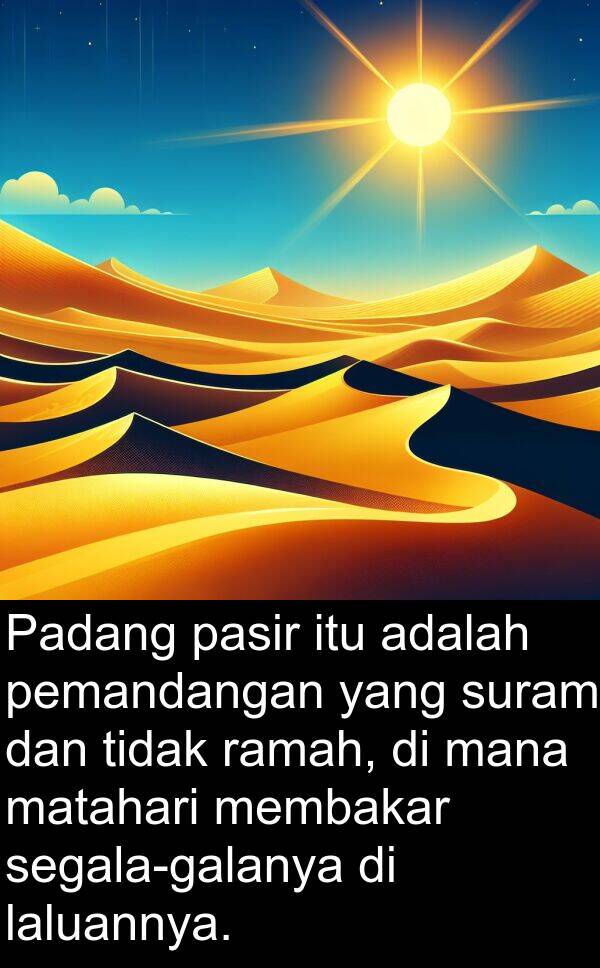 ramah: Padang pasir itu adalah pemandangan yang suram dan tidak ramah, di mana matahari membakar segala-galanya di laluannya.
