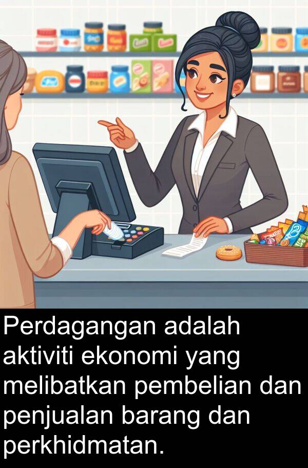penjualan: Perdagangan adalah aktiviti ekonomi yang melibatkan pembelian dan penjualan barang dan perkhidmatan.