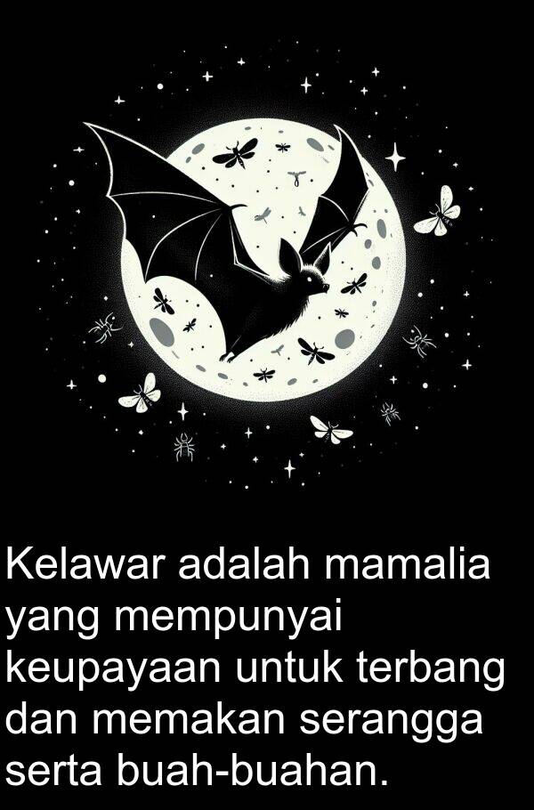 keupayaan: Kelawar adalah mamalia yang mempunyai keupayaan untuk terbang dan memakan serangga serta buah-buahan.