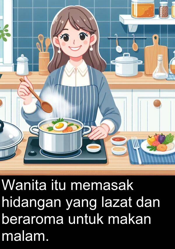 beraroma: Wanita itu memasak hidangan yang lazat dan beraroma untuk makan malam.