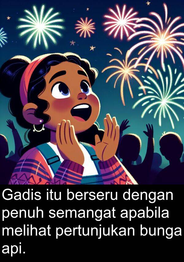 pertunjukan: Gadis itu berseru dengan penuh semangat apabila melihat pertunjukan bunga api.