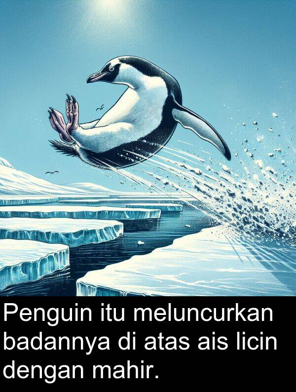 ais: Penguin itu meluncurkan badannya di atas ais licin dengan mahir.