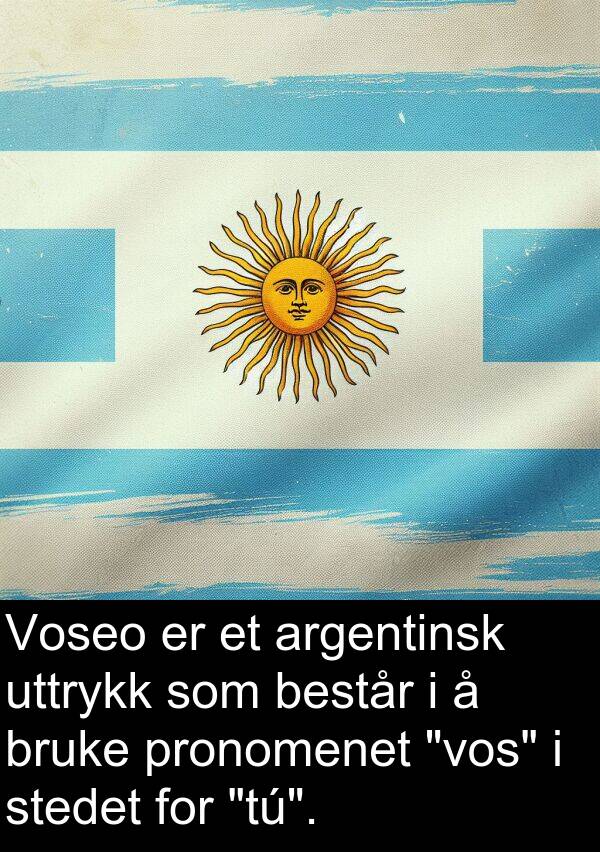 uttrykk: Voseo er et argentinsk uttrykk som består i å bruke pronomenet "vos" i stedet for "tú".