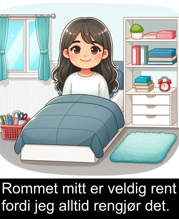 rengjør: Rommet mitt er veldig rent fordi jeg alltid rengjør det.