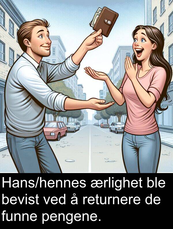 returnere: Hans/hennes ærlighet ble bevist ved å returnere de funne pengene.