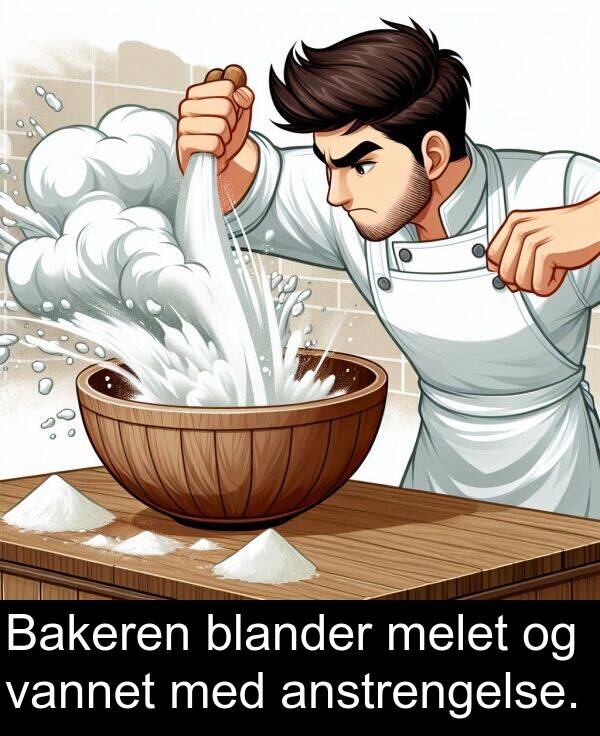 melet: Bakeren blander melet og vannet med anstrengelse.