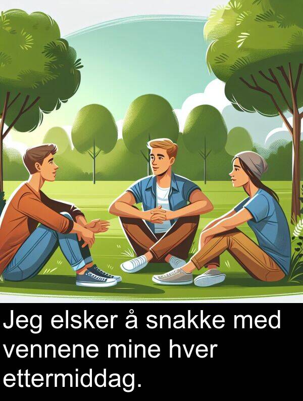 hver: Jeg elsker å snakke med vennene mine hver ettermiddag.