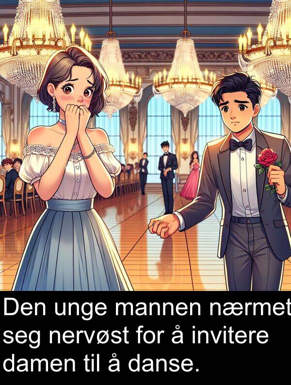 damen: Den unge mannen nærmet seg nervøst for å invitere damen til å danse.