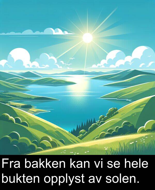 opplyst: Fra bakken kan vi se hele bukten opplyst av solen.