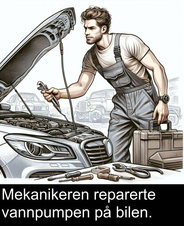 reparerte: Mekanikeren reparerte vannpumpen på bilen.