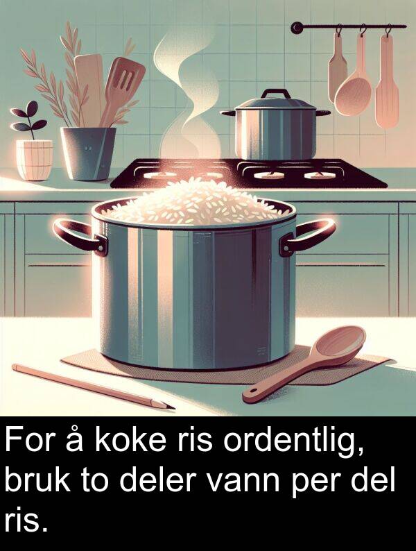 per: For å koke ris ordentlig, bruk to deler vann per del ris.