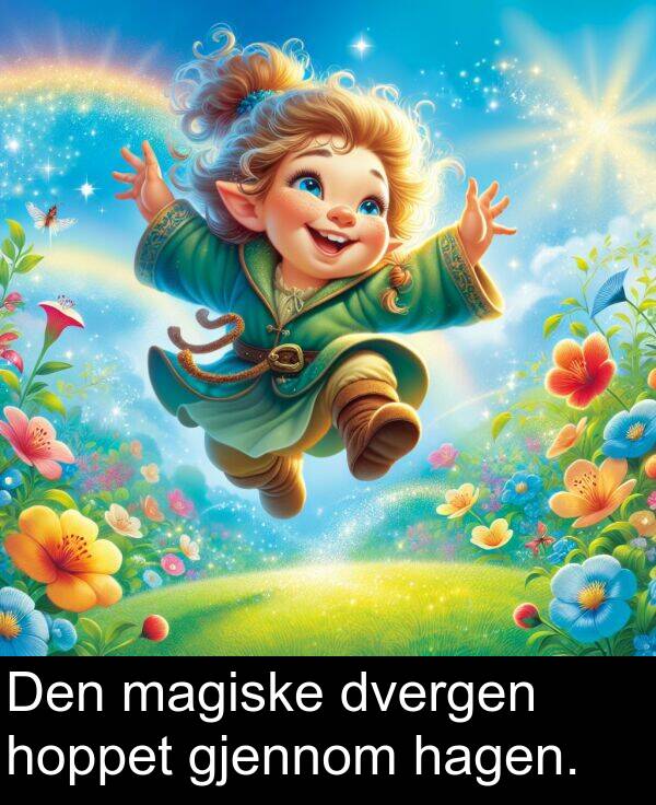 dvergen: Den magiske dvergen hoppet gjennom hagen.