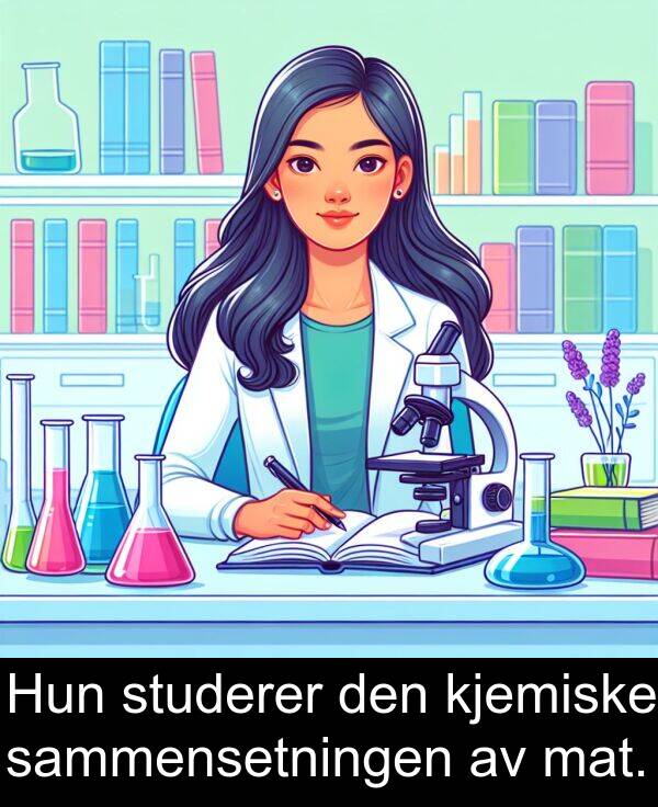 studerer: Hun studerer den kjemiske sammensetningen av mat.