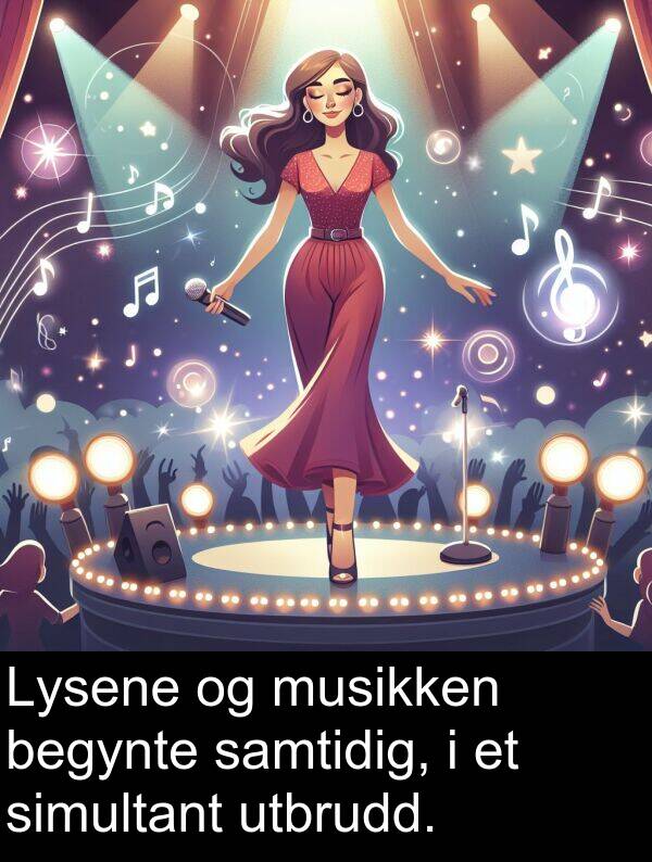 simultant: Lysene og musikken begynte samtidig, i et simultant utbrudd.