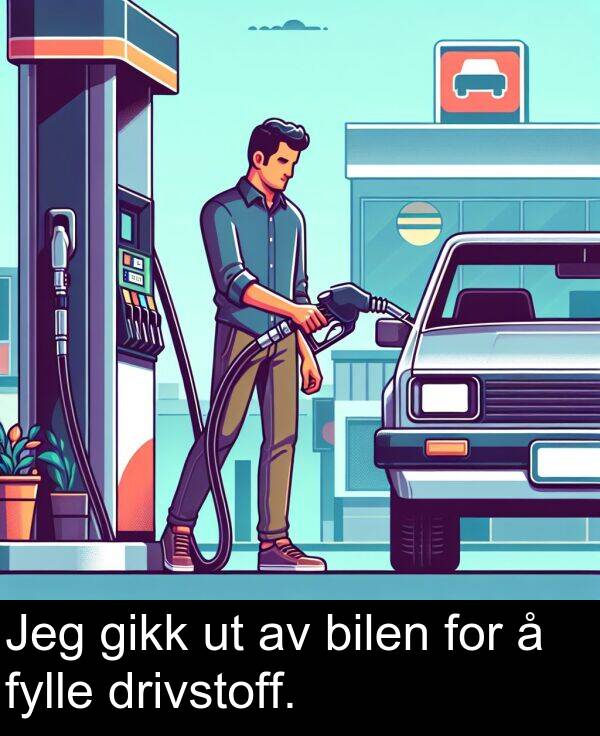 drivstoff: Jeg gikk ut av bilen for å fylle drivstoff.