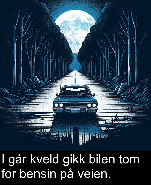 bensin: I går kveld gikk bilen tom for bensin på veien.