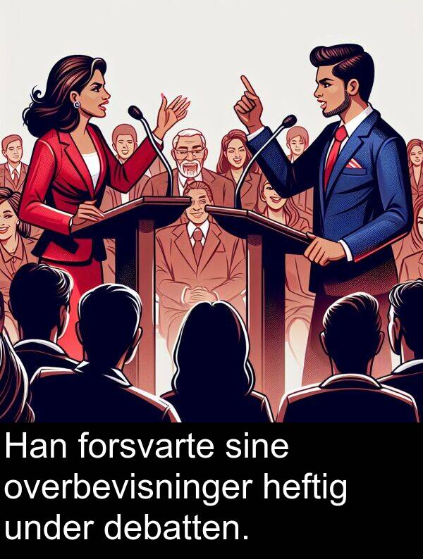 overbevisninger: Han forsvarte sine overbevisninger heftig under debatten.
