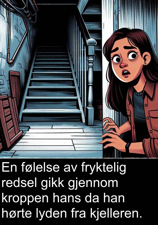 redsel: En følelse av fryktelig redsel gikk gjennom kroppen hans da han hørte lyden fra kjelleren.