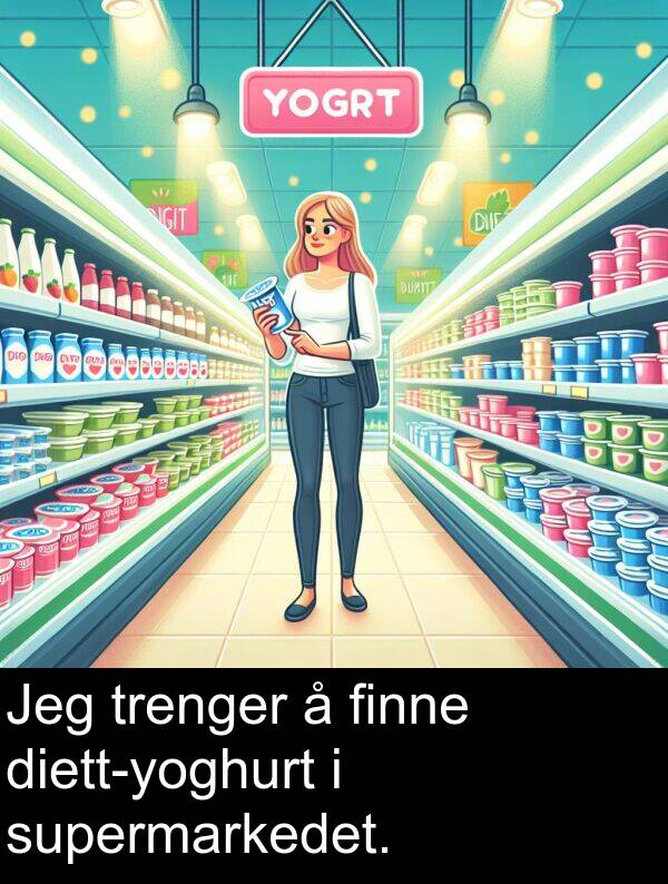 finne: Jeg trenger å finne diett-yoghurt i supermarkedet.