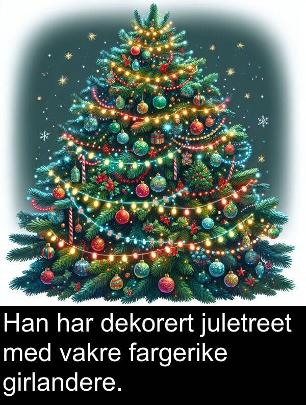 vakre: Han har dekorert juletreet med vakre fargerike girlandere.