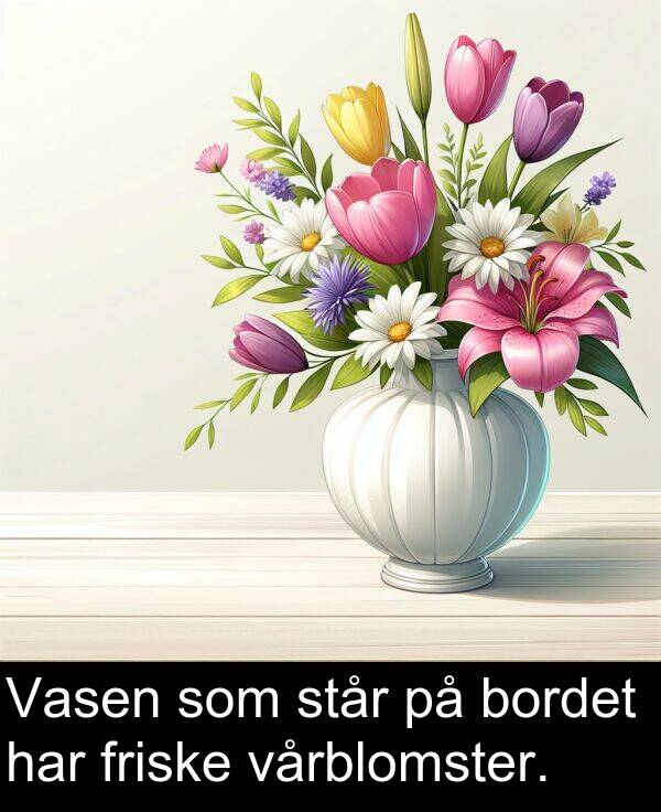 vårblomster: Vasen som står på bordet har friske vårblomster.