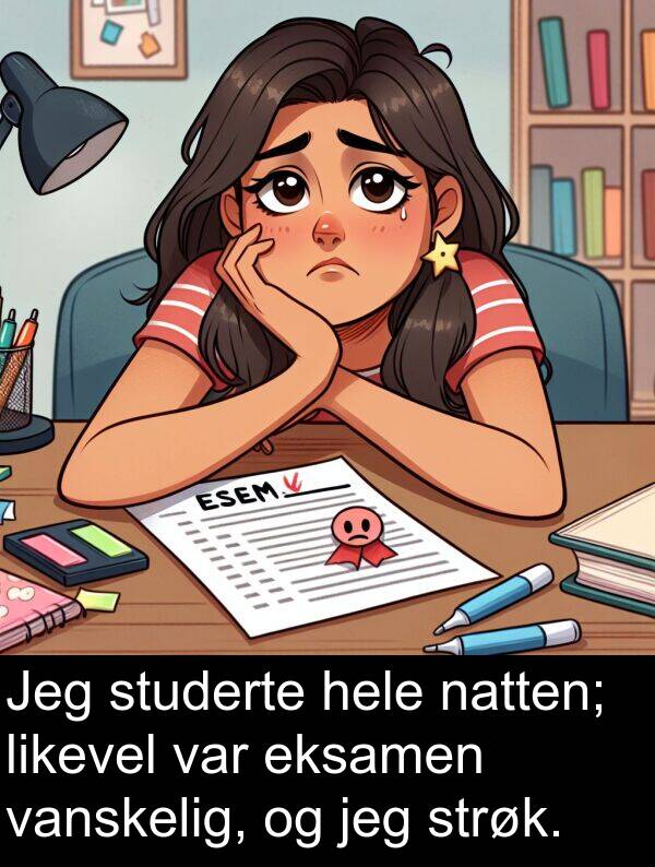 studerte: Jeg studerte hele natten; likevel var eksamen vanskelig, og jeg strøk.