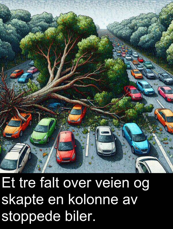 falt: Et tre falt over veien og skapte en kolonne av stoppede biler.