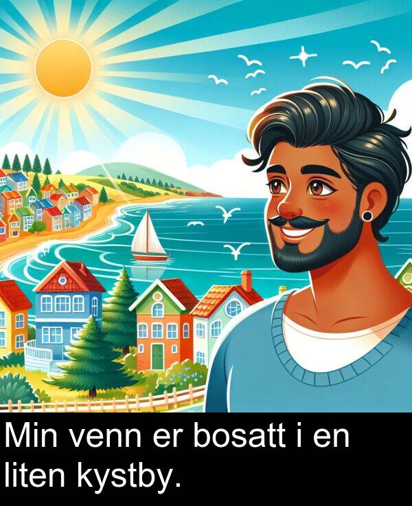 bosatt: Min venn er bosatt i en liten kystby.