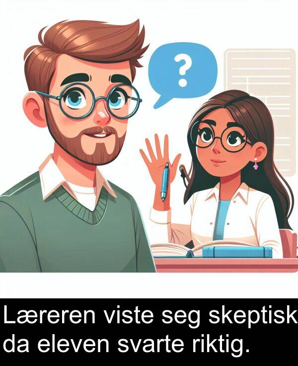 riktig: Læreren viste seg skeptisk da eleven svarte riktig.