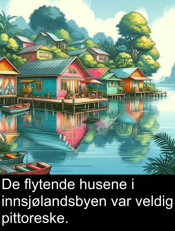 flytende: De flytende husene i innsjølandsbyen var veldig pittoreske.