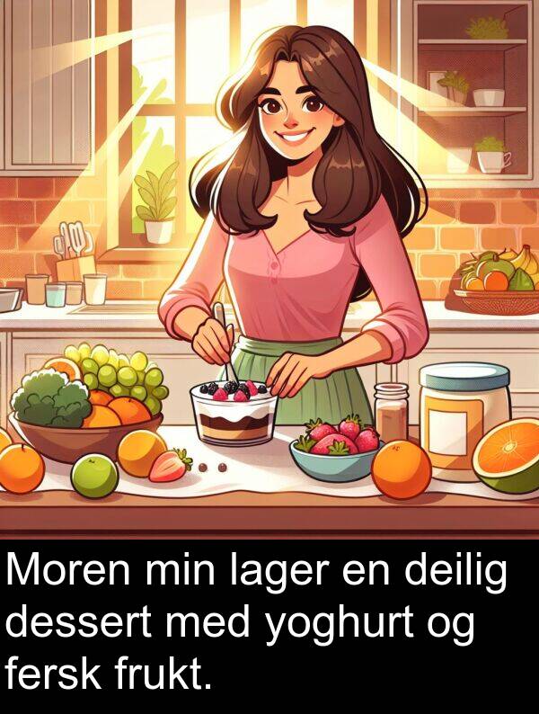 yoghurt: Moren min lager en deilig dessert med yoghurt og fersk frukt.