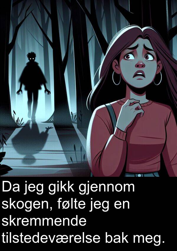 skogen: Da jeg gikk gjennom skogen, følte jeg en skremmende tilstedeværelse bak meg.
