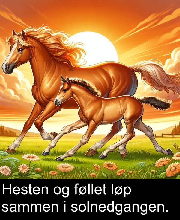 solnedgangen: Hesten og føllet løp sammen i solnedgangen.