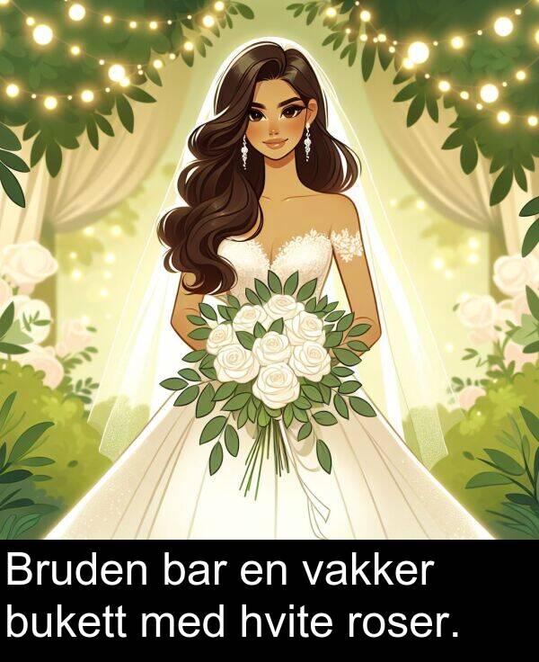 vakker: Bruden bar en vakker bukett med hvite roser.