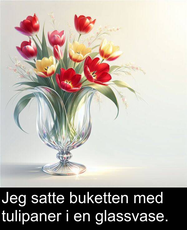 tulipaner: Jeg satte buketten med tulipaner i en glassvase.