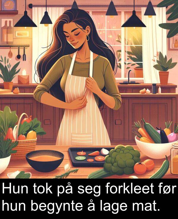 mat: Hun tok på seg forkleet før hun begynte å lage mat.