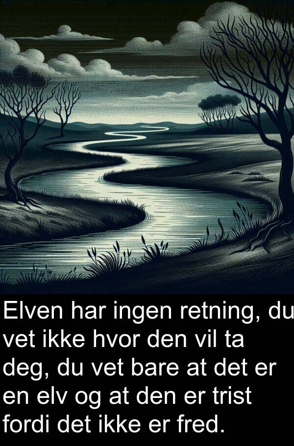 retning: Elven har ingen retning, du vet ikke hvor den vil ta deg, du vet bare at det er en elv og at den er trist fordi det ikke er fred.