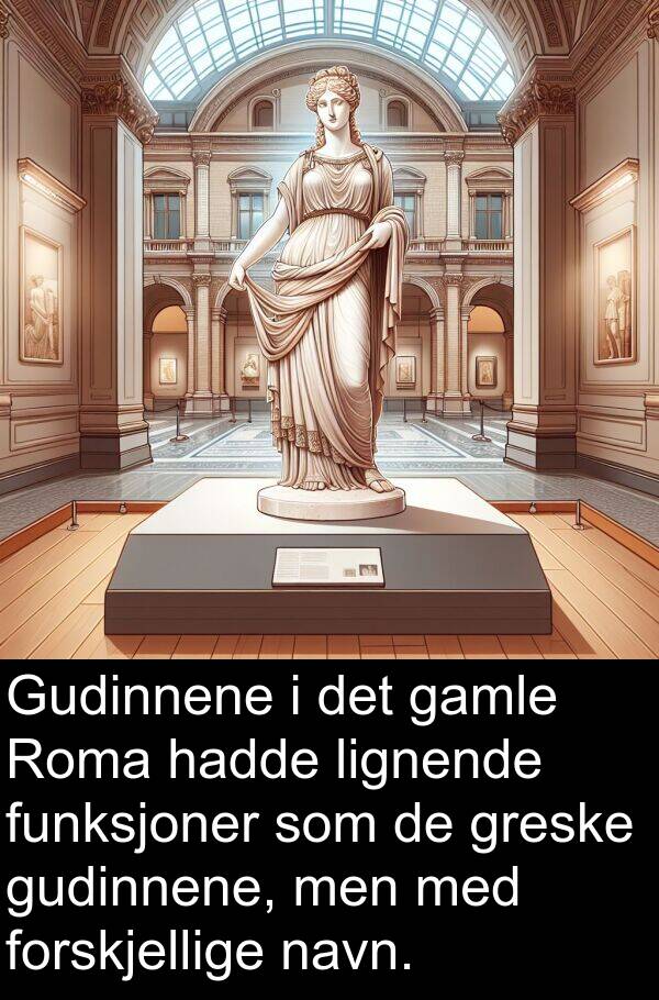lignende: Gudinnene i det gamle Roma hadde lignende funksjoner som de greske gudinnene, men med forskjellige navn.